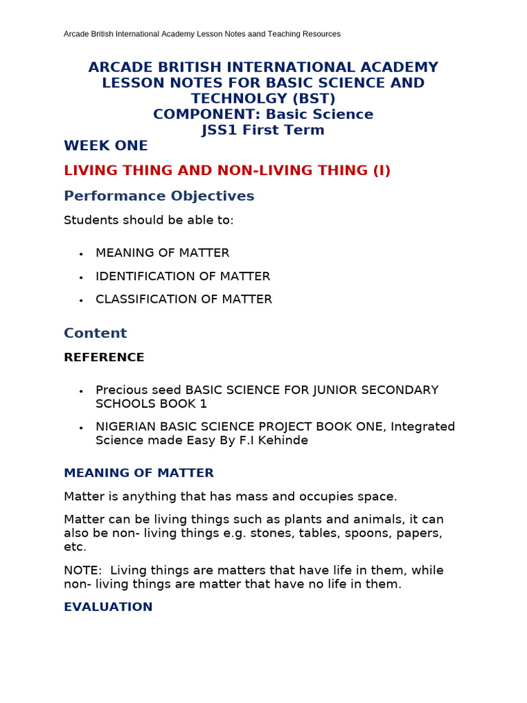 Lesson Notes-Basic Science JSS1 First Term | PDF | Foods | Gases