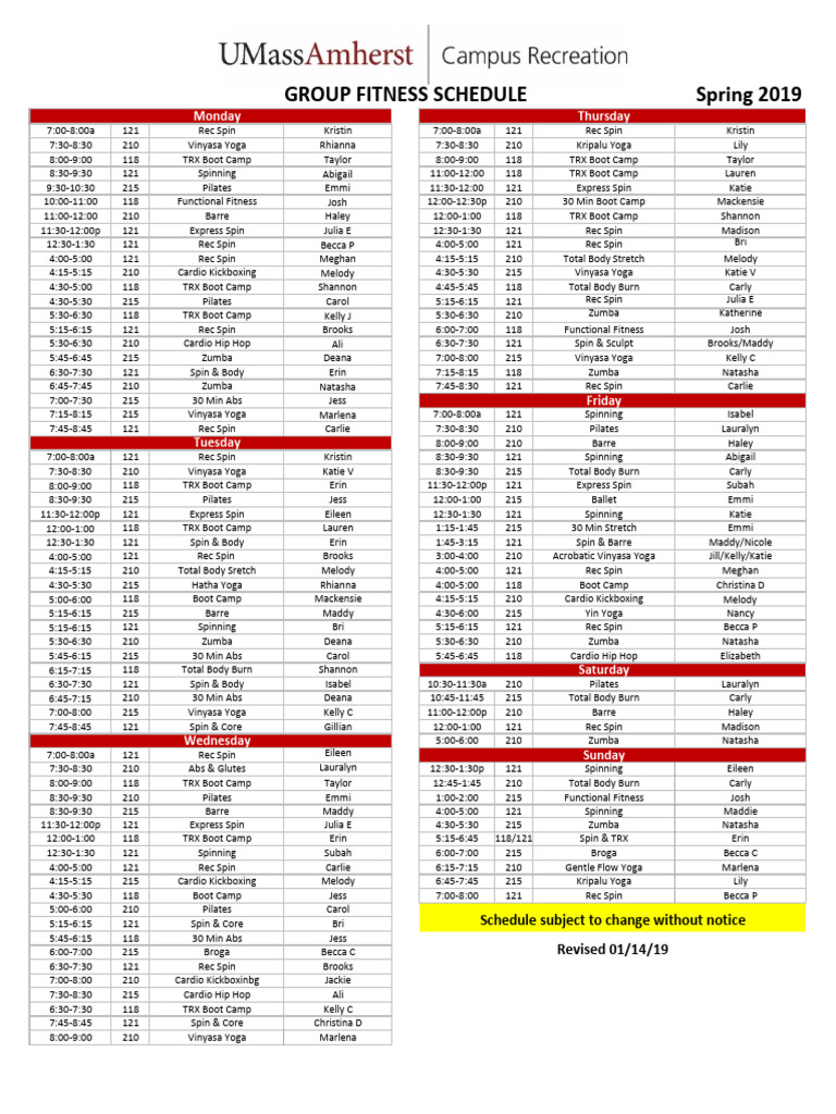 Spring 2019 Group Fitness Schedule | PDF | Physical Exercise