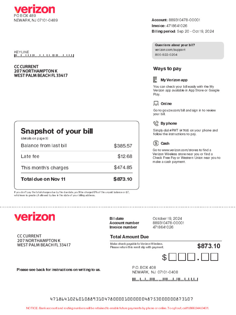 Verizon Bill Summary for October 2024 | PDF | Fee | Credit Card