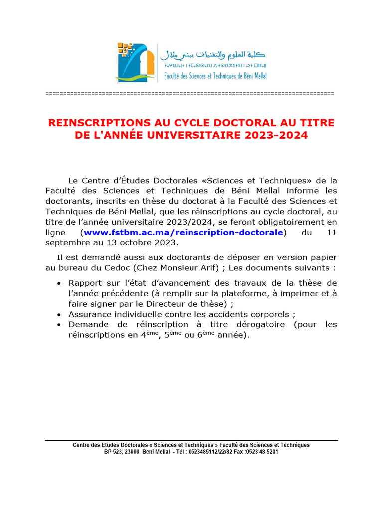 Réinscriptions Doctorat 2023-2024 FSTBM | PDF