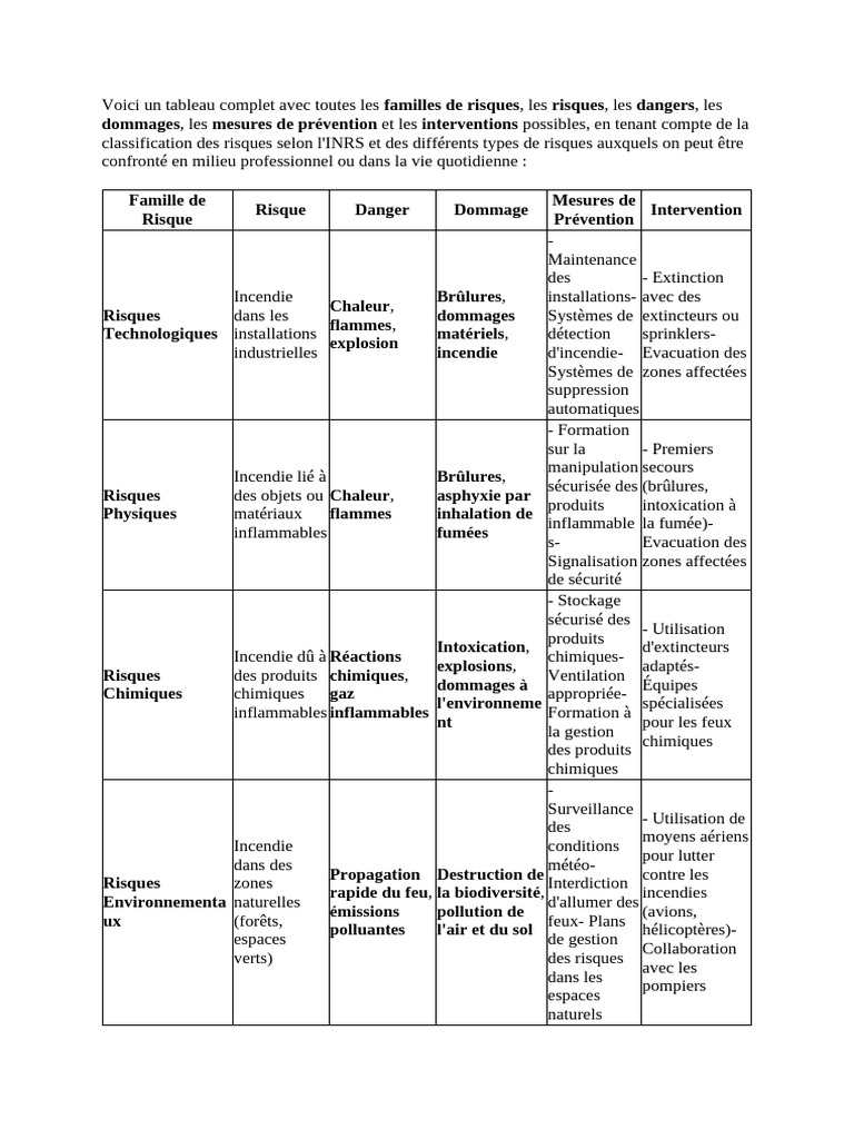 Les Familles De Risques Selon L INRS PDF Risque Fum e