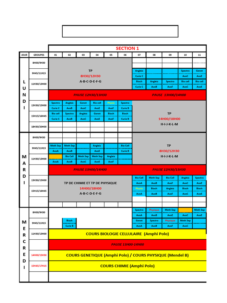 Emploi du temps L2 Sciences Biomédicales | PDF | Sciences de la santé ...