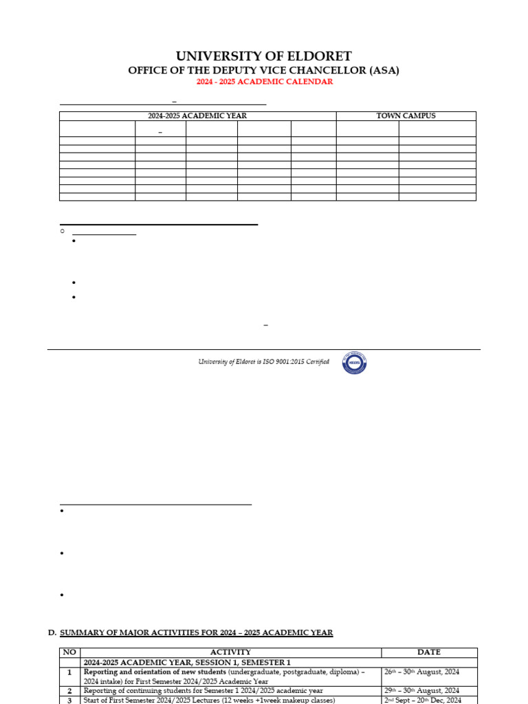 Amended & Approved 2024-2025 Academic Calendar 25TH November, 2024