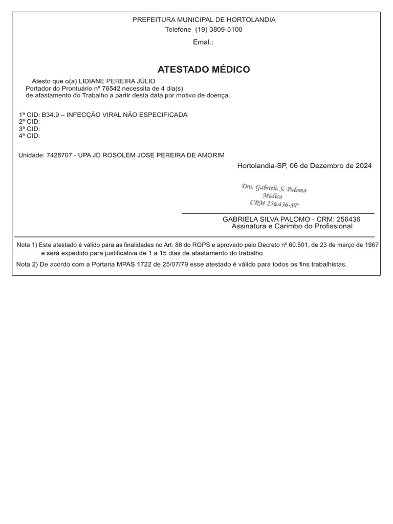 Atestado Médico para Afastamento por Virose | PDF