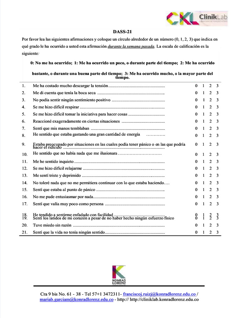 DASS-21: Escala de Depresión, Ansiedad y Estrés | PDF | Depresión ...