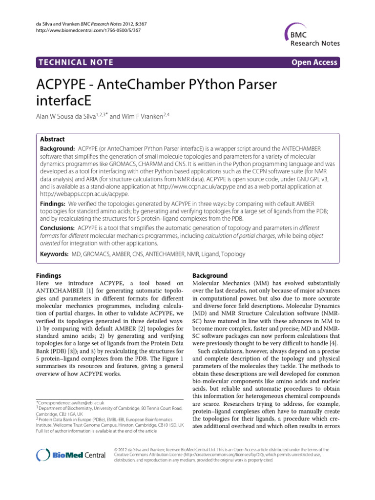 ACPYPE - AnteChamber PYthon Parser Interface | PDF | Protein Data Bank ...