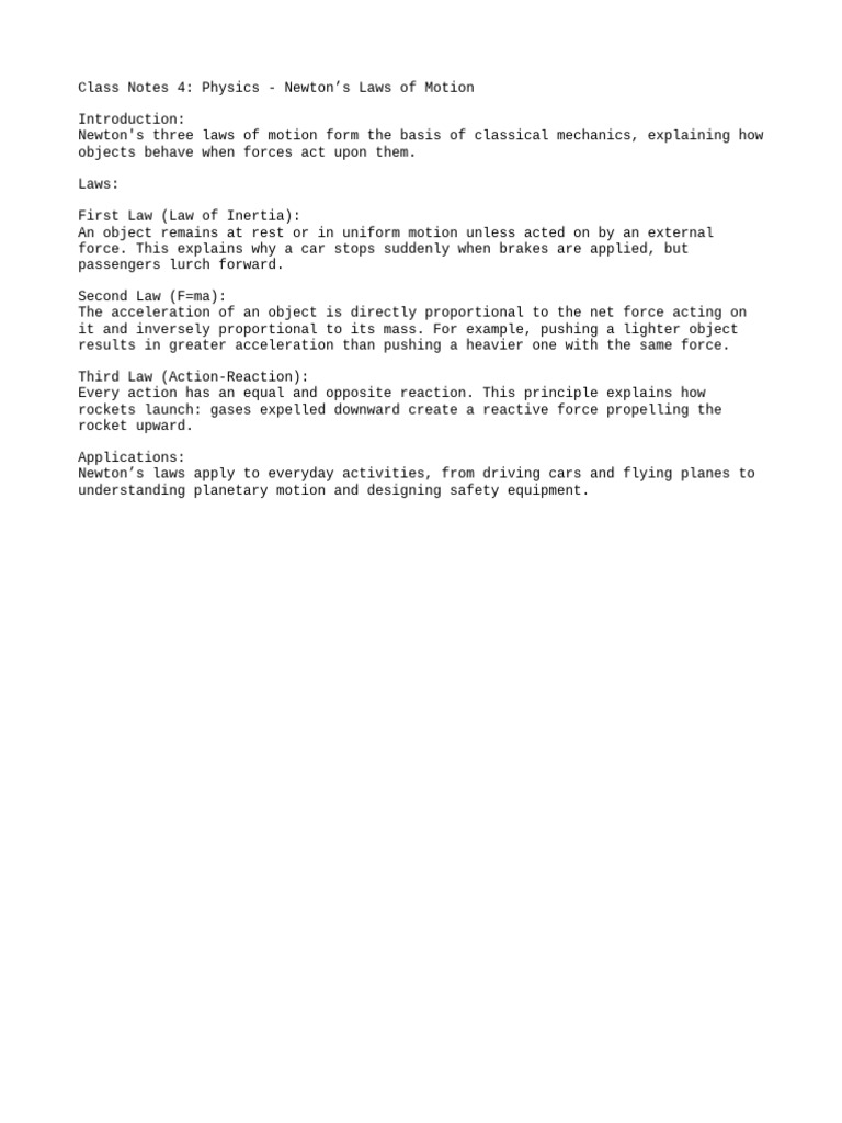 Class Notes 4 Physics - Newton's La | PDF