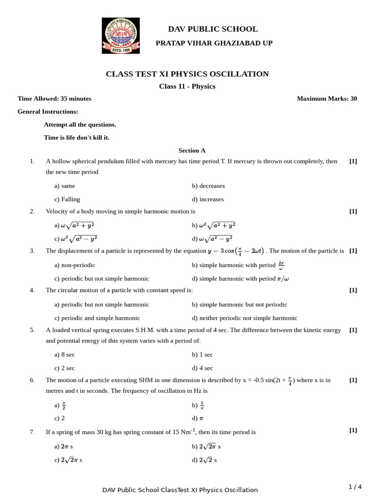 ClassTest XI Physics Oscillation | PDF | Oscillation | Pendulum