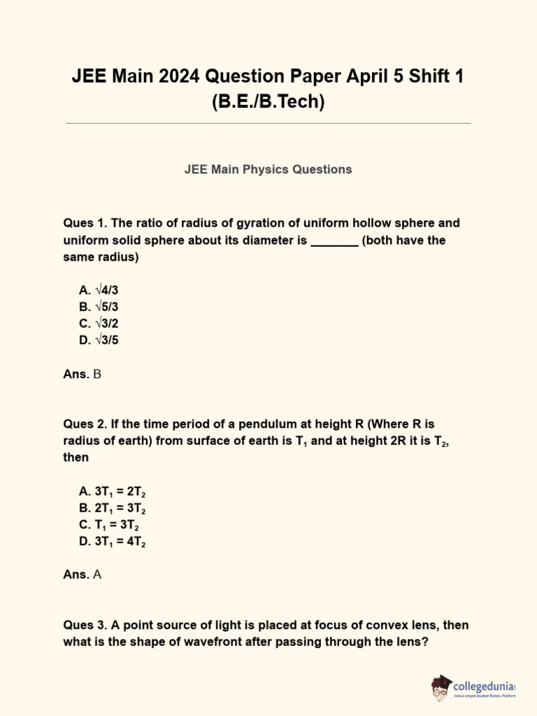 JEE Main 2024 Physics Chemistry Math Questions | PDF | Sphere | Physics