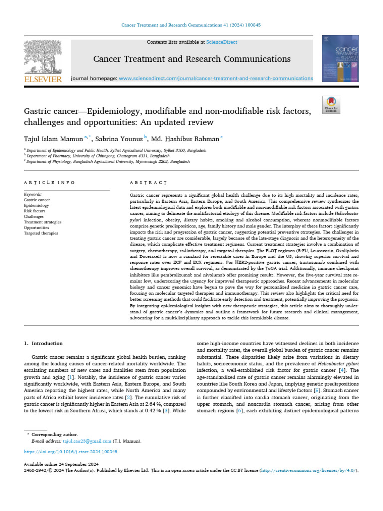 Gastric cancer. Epidemiology, modifiable and non-modifiable risk ...