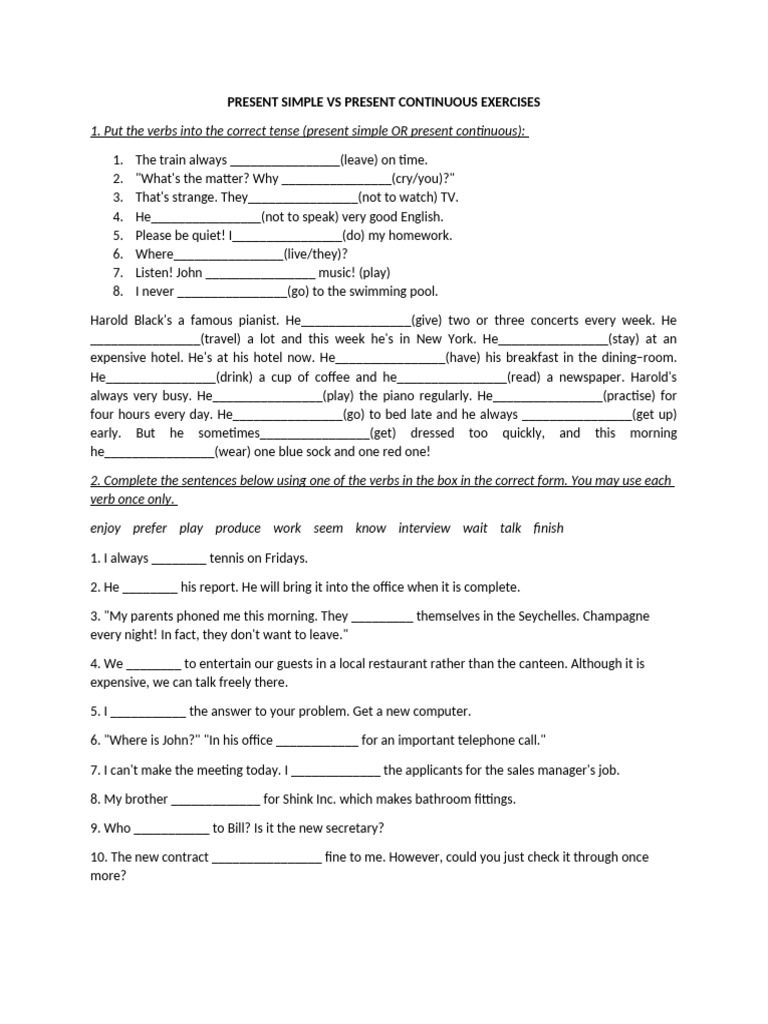 Present Simple vs Continuous Exercises | PDF