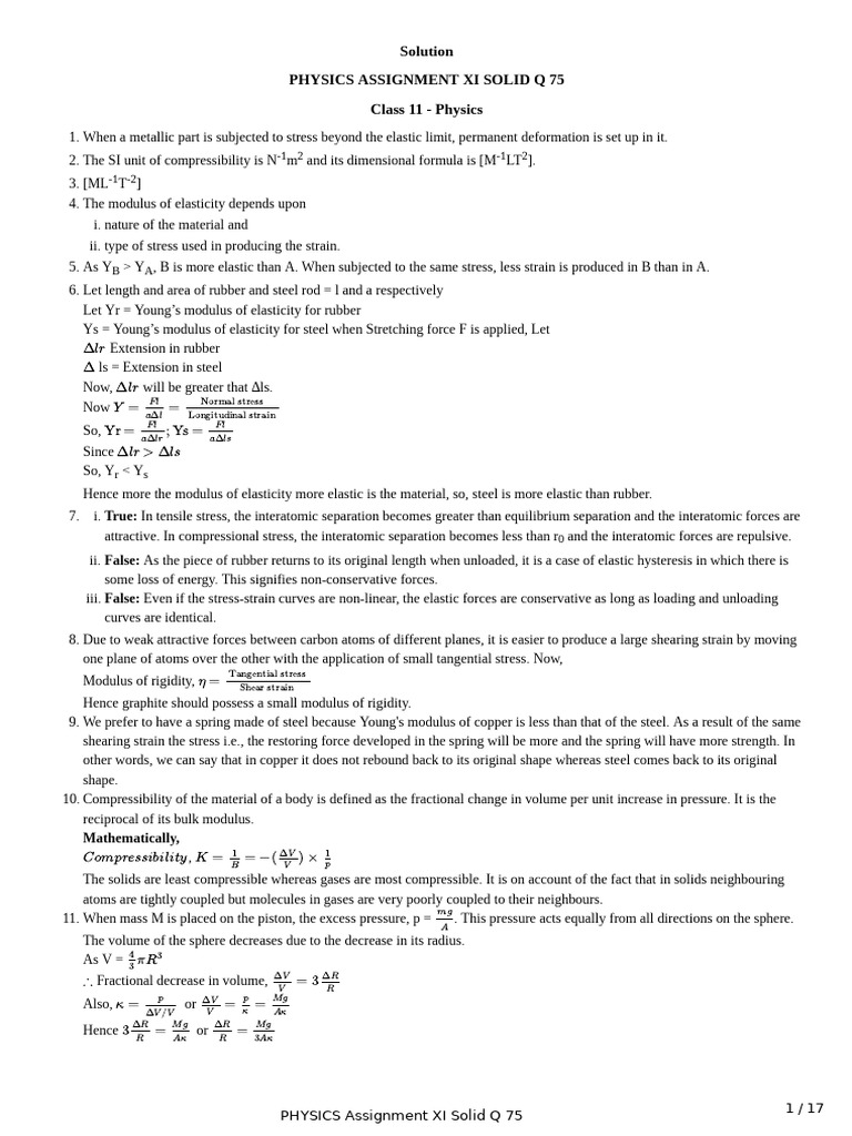 Sol 75 Solid XI phy | PDF | Elasticity (Physics) | Young's Modulus