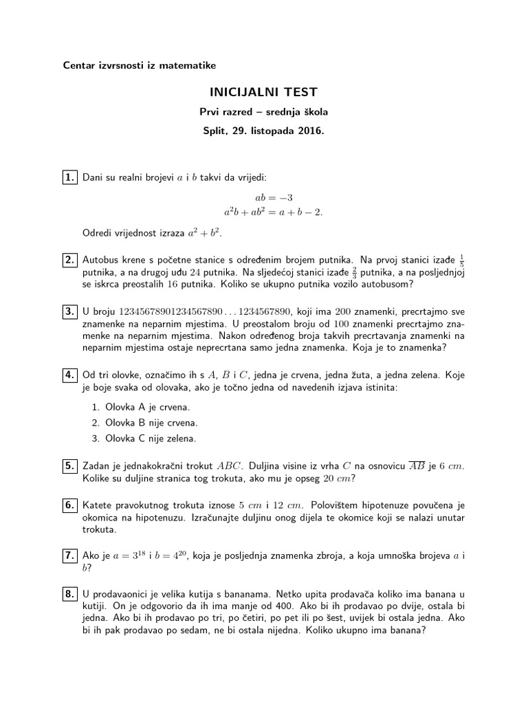 CI Incijalni Test 1 razred PDF