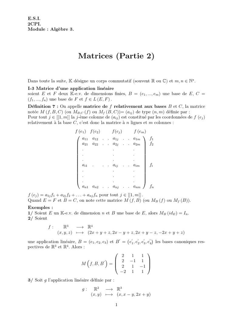 Matrices d'applications linéaires | PDF | Base (algèbre linéaire ...
