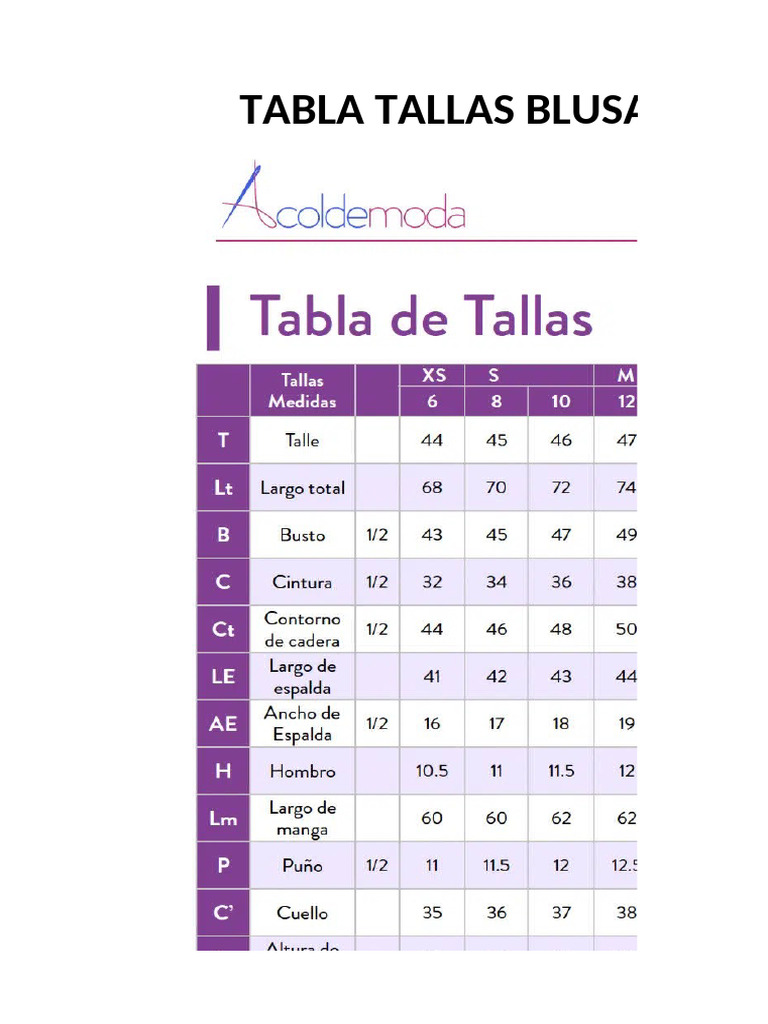 Tablas de Tallas Ropa Femenina e Infantil | PDF