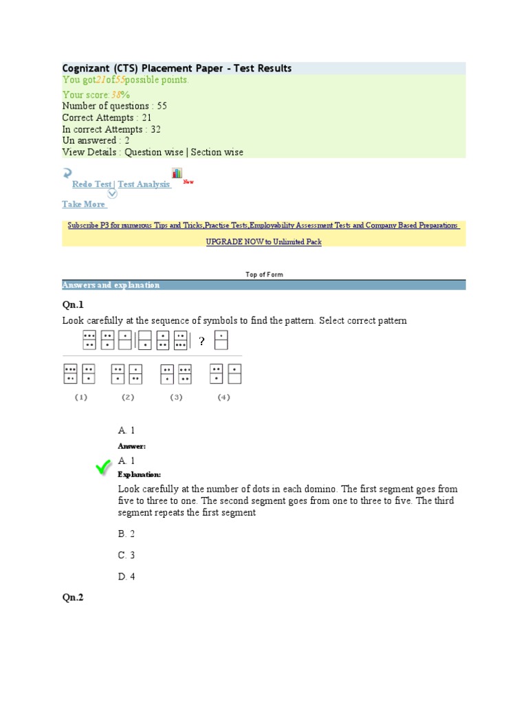 You Got of Possible Points. Your Score Cognizant (CTS) Placement