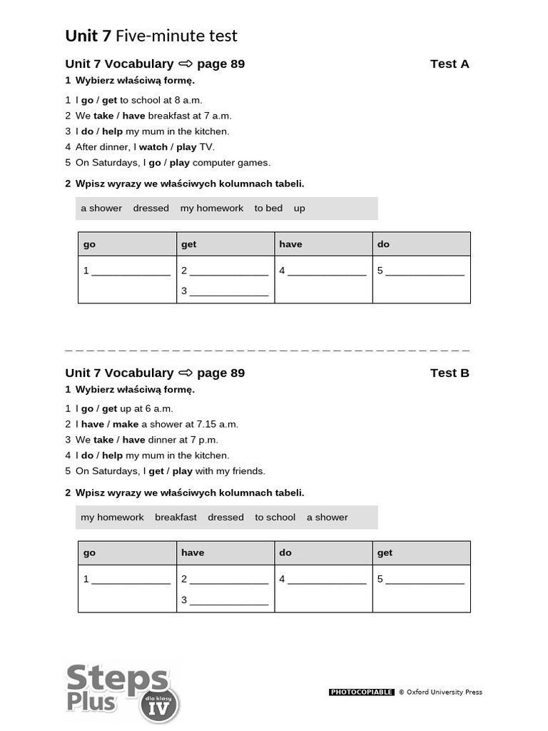 Unit 7 Vocabulary and Grammar Tests | PDF | Meal