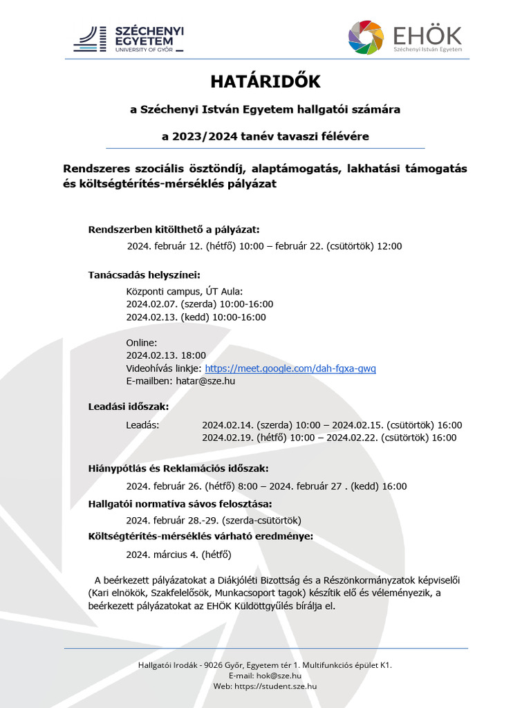 Hataridok 2023 2024 Tavasz Hallgato Mod Pdf