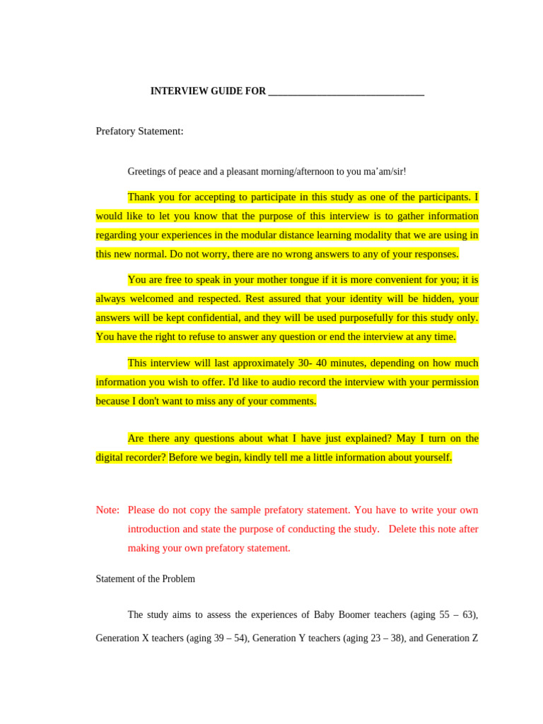 Sample Interview Guide With Prefatory Statement During Interview | PDF ...