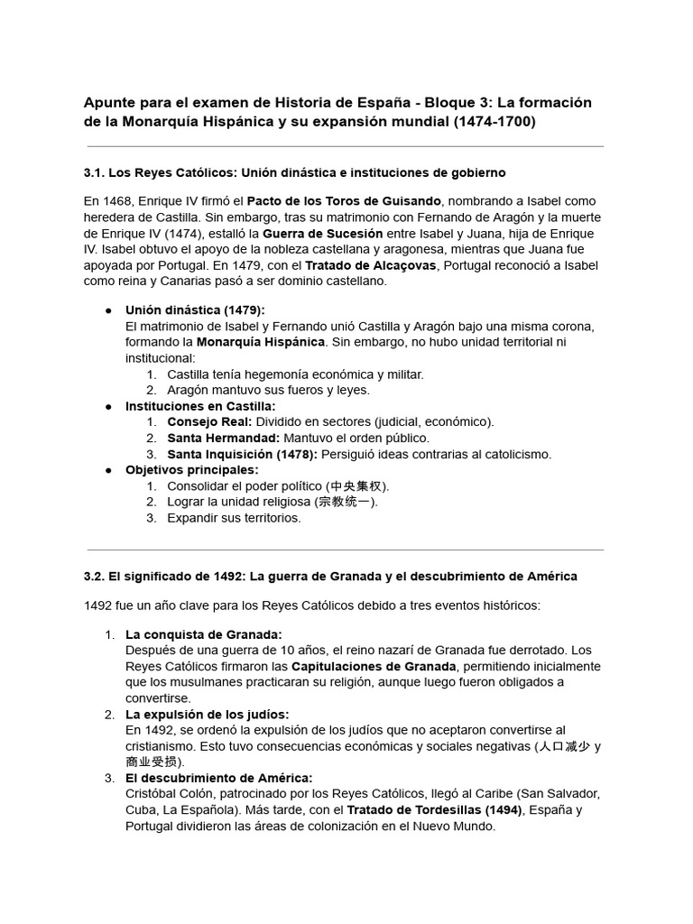 Historia de España: Monarquía y Expansión (1474-1700) | PDF | Imperio ...