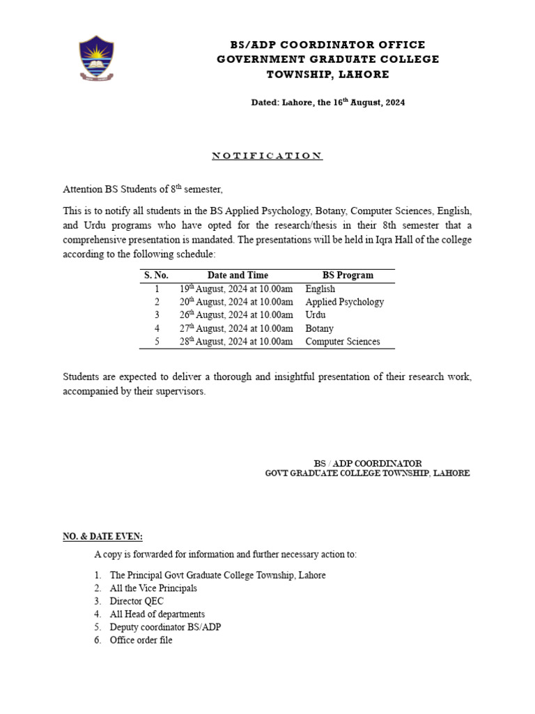 Bs 8th Semester Presentation Schedule Pdf