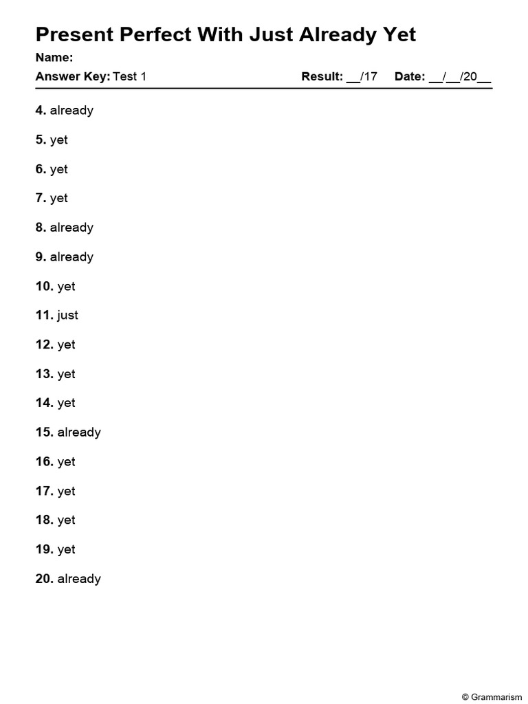 Grammarism Present Perfect With Just Already Yet Test 1 Answers 2555456 ...