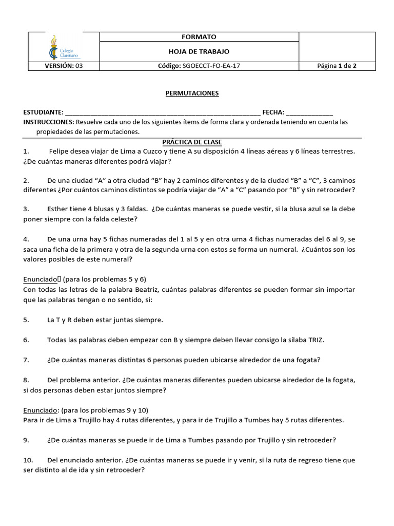 Ejercicios de Permutaciones y Combinaciones | PDF