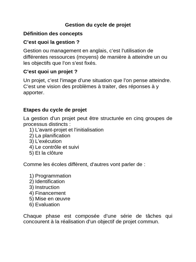 Gestion du Cycle de Projet: Guide Complet | PDF | Gestion de projet ...