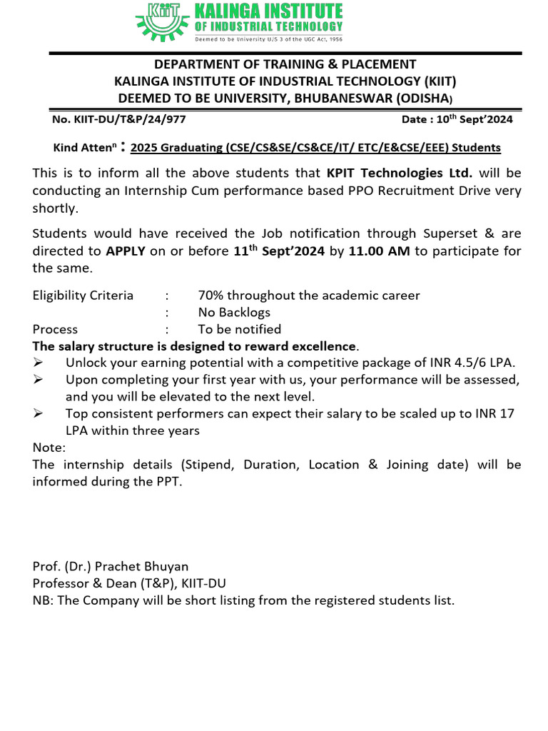 KPIT Internship Drive for 2025 Graduates | PDF