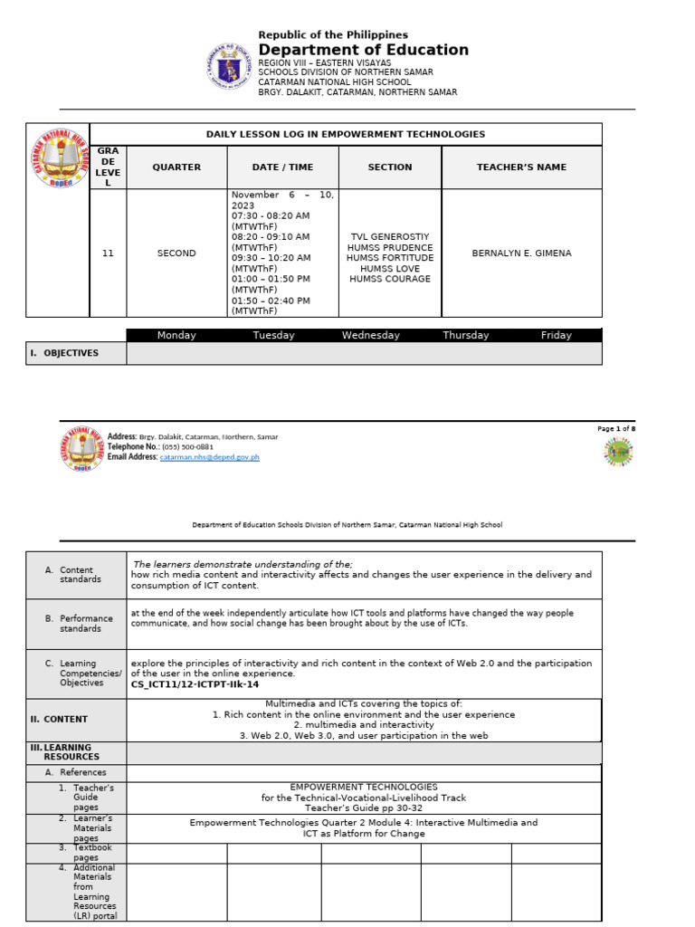 Daily Lesson Log Q2 Week 1 | PDF | Multimedia | Educational Technology
