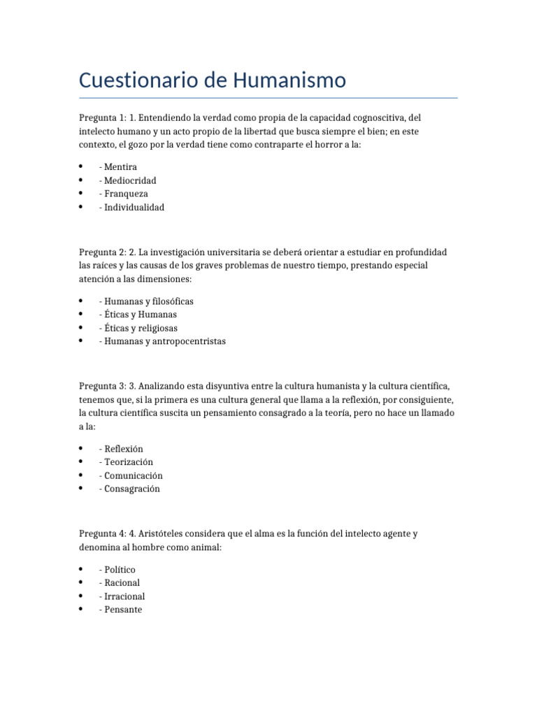 Cuestionario sobre Humanismo y Educación | PDF | Verdad | Sociedad