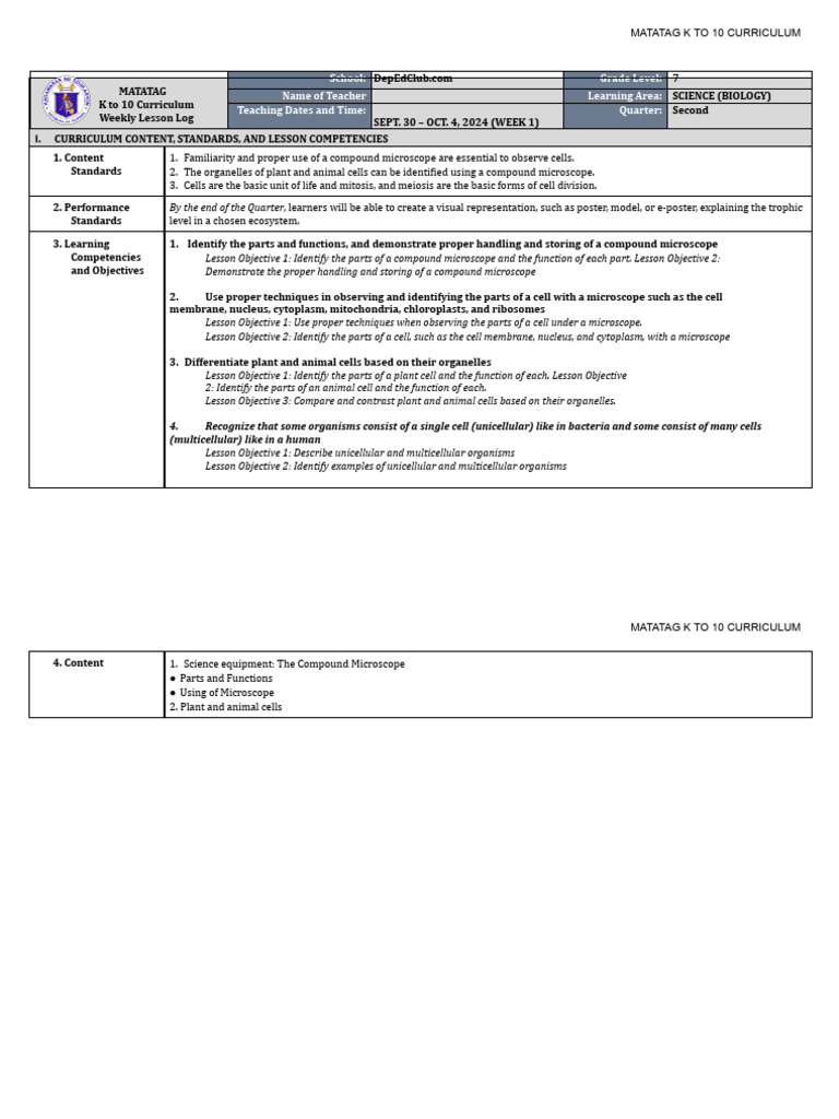 Grade 7 Science: Week 1 Curriculum Guide | PDF | Cell (Biology ...