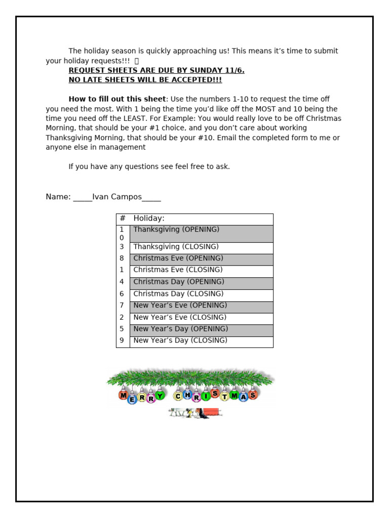 Holiday Request Form | PDF