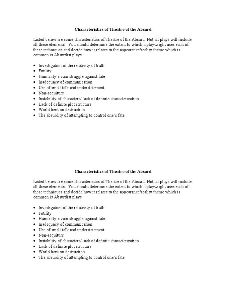 Characteristics Of Theatre Of The Absurd Pdf Philosophical Theories Theatre