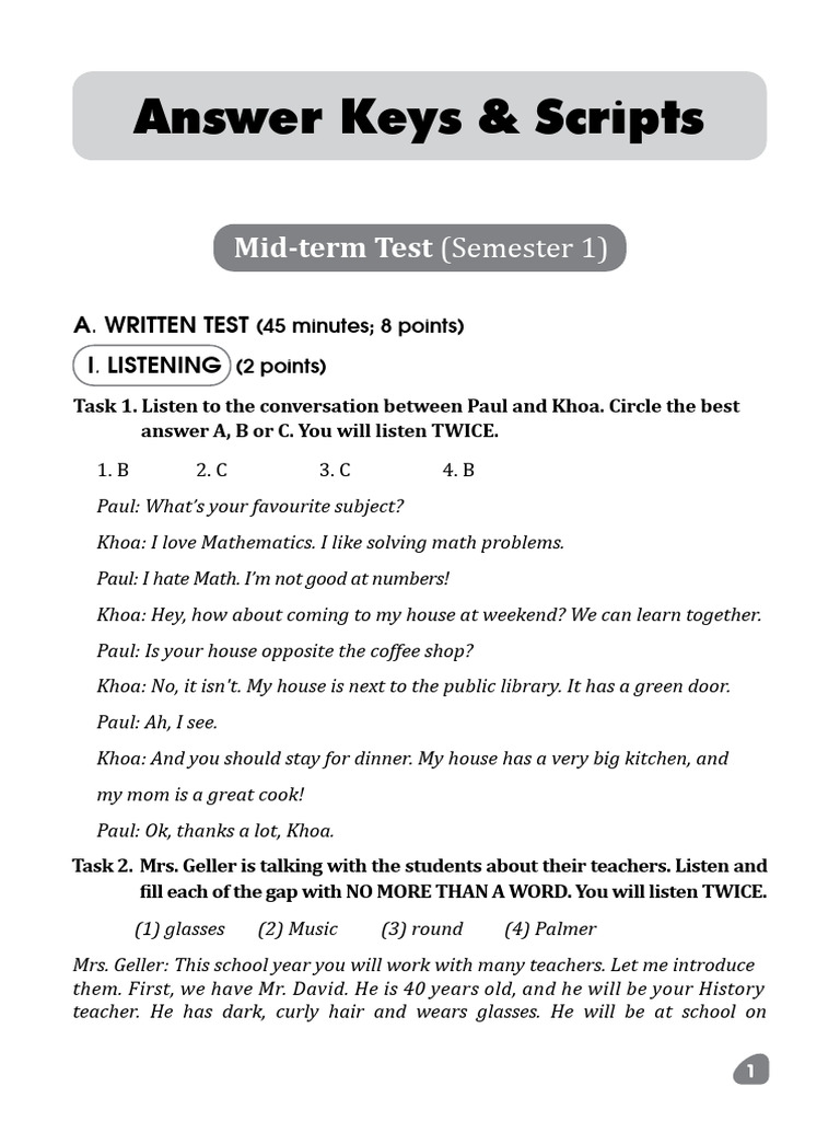 Mid-term Test Answer Keys and Scripts | PDF