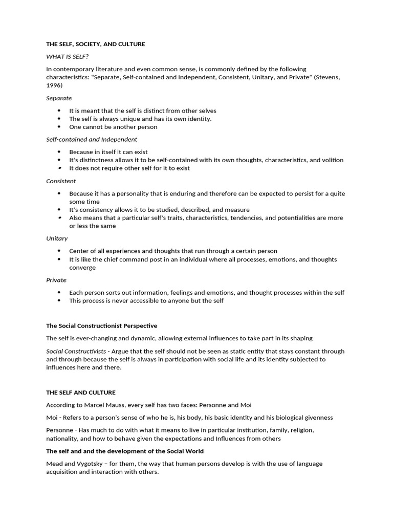 Self Society and Culture | PDF | Self | Self Concept