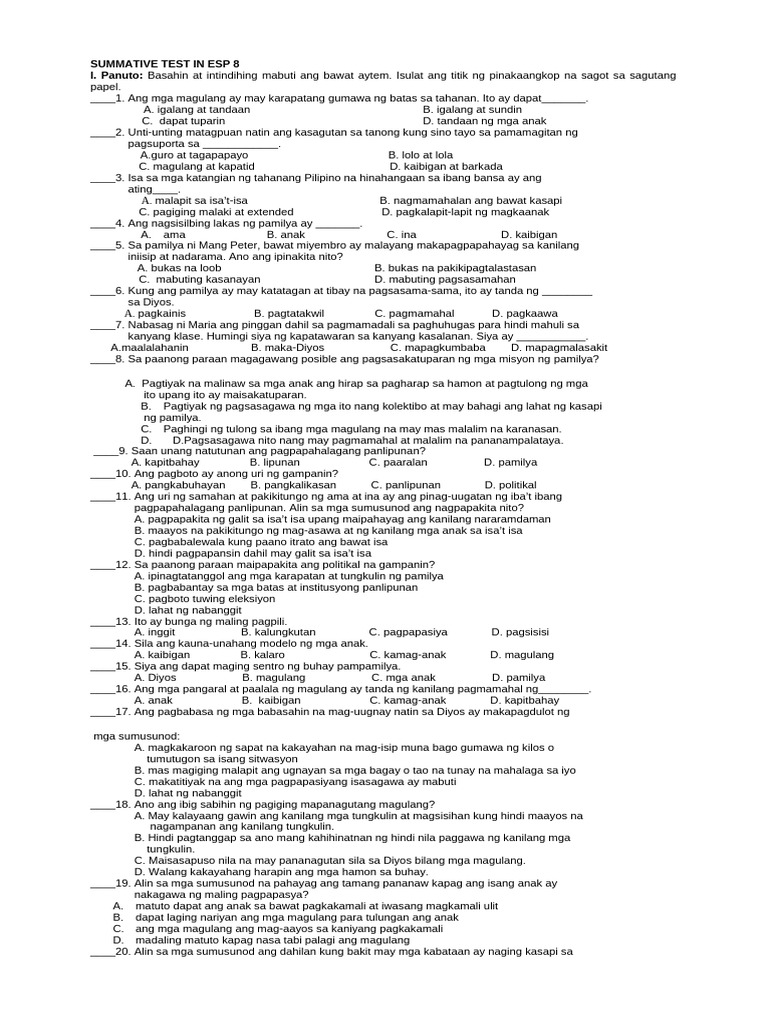 Summative Test in Esp 8 2024 | PDF