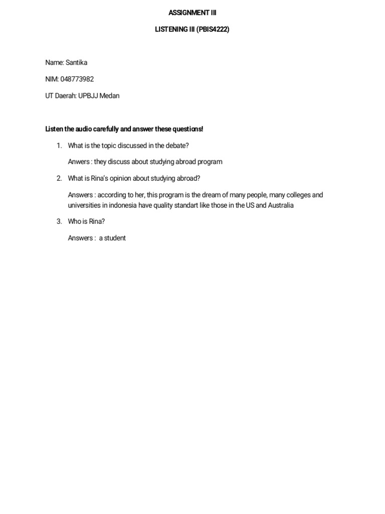 Assignment Iii Listening Iii Pbis4222 Pdf