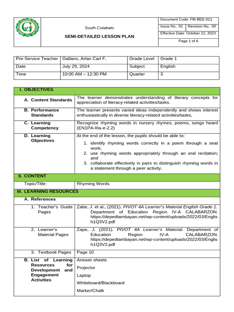 Grade 1 English Lesson Plan: Rhyming Words | PDF | Learning | Lesson Plan
