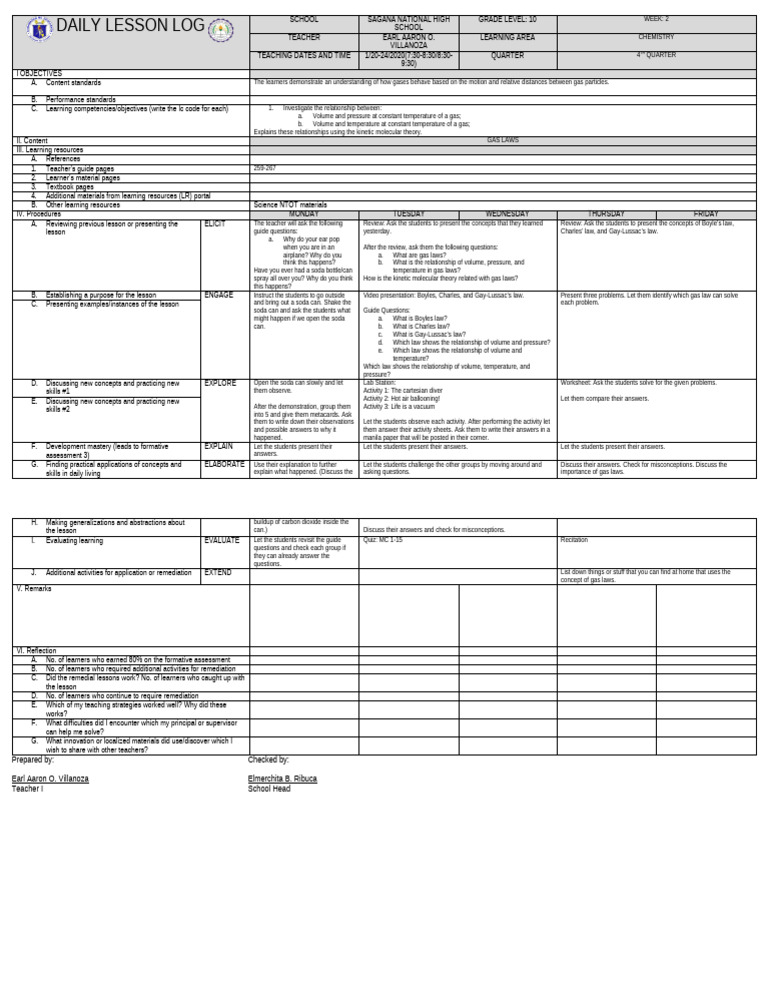 Grade 10 Chemistry Lesson Plan: Gas Laws | PDF | Gases | Temperature