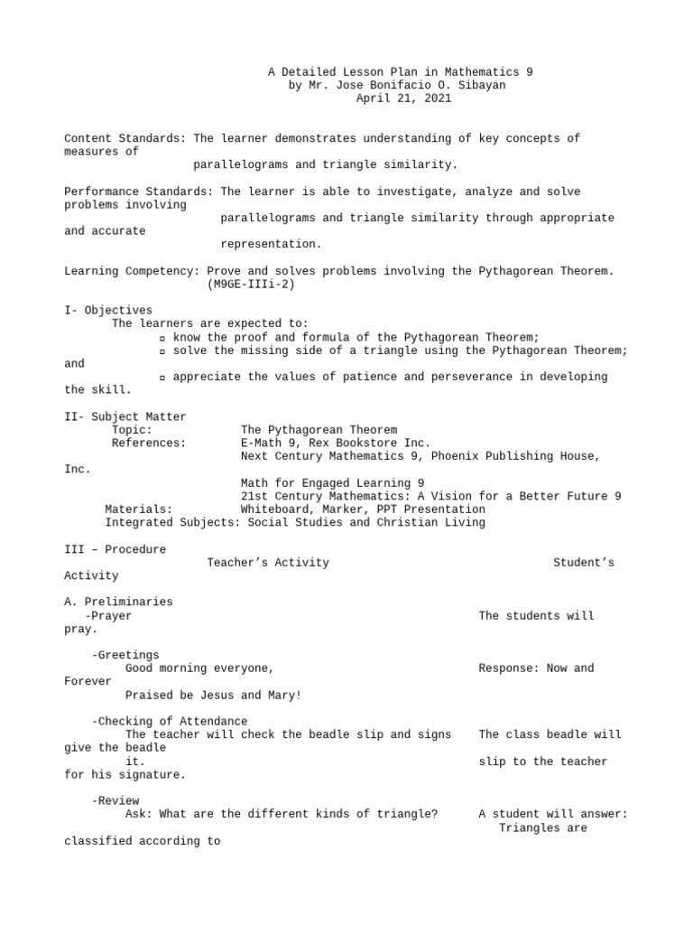 Detailed Lesson Plan in Mathematics 9 Pythagorean Theorem | PDF ...