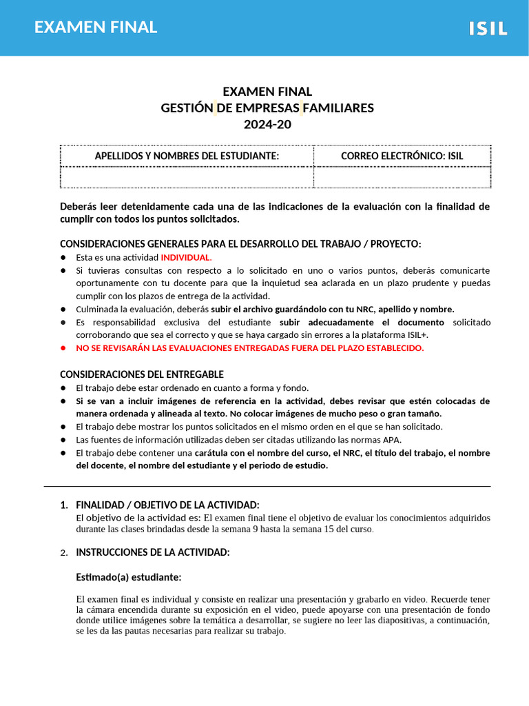Examen Final. Gestión de Empresas Familiares | PDF