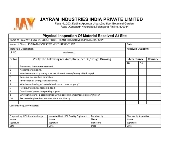 Solar Plant Material Inspection Report | PDF