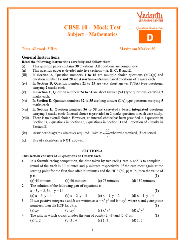 CBSE 10 - Mock Test: Subject - Mathematics | PDF | Circle | Area