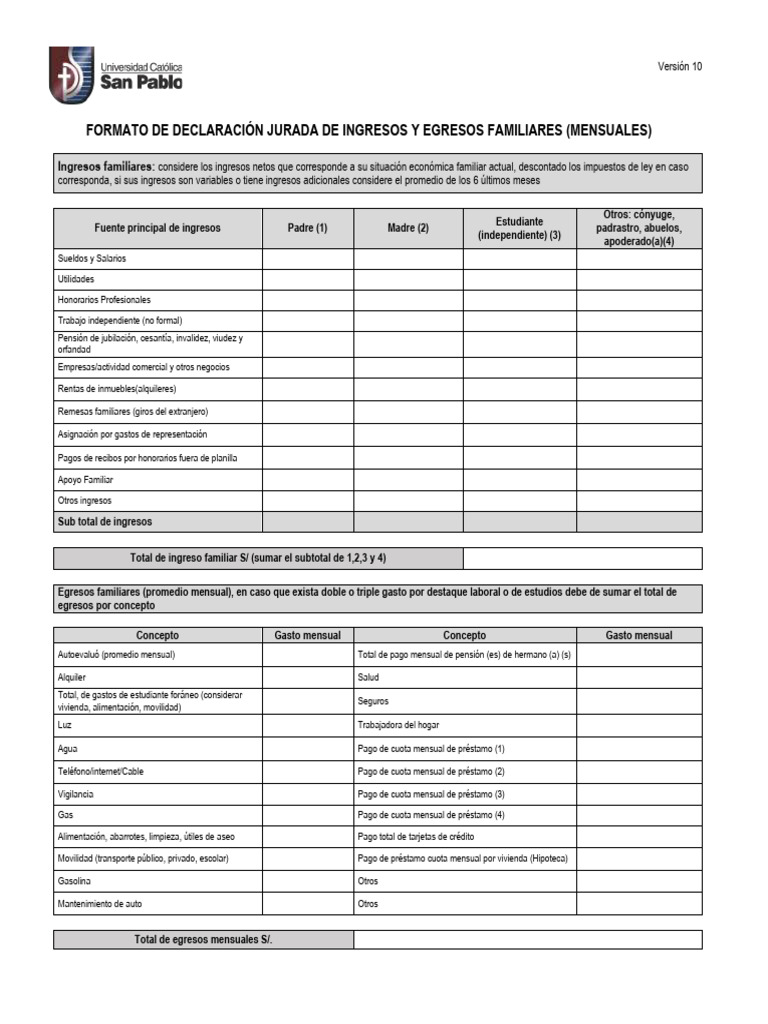 Declaración Jurada de Ingresos y Egresos | PDF | Documento de identidad ...