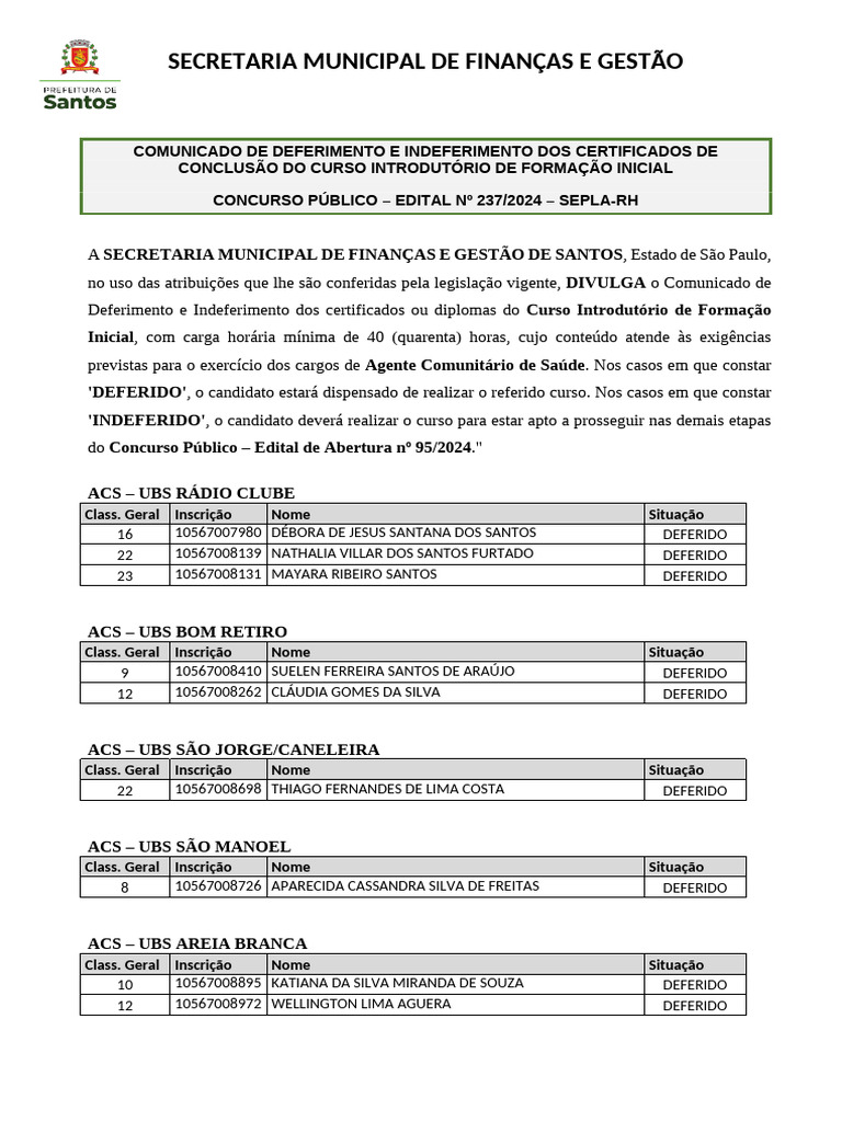 Edital 237 - Deferimento e Indeferimento | PDF