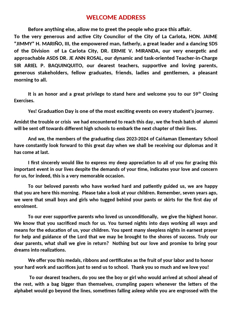 Welcome Addressnew Pdf