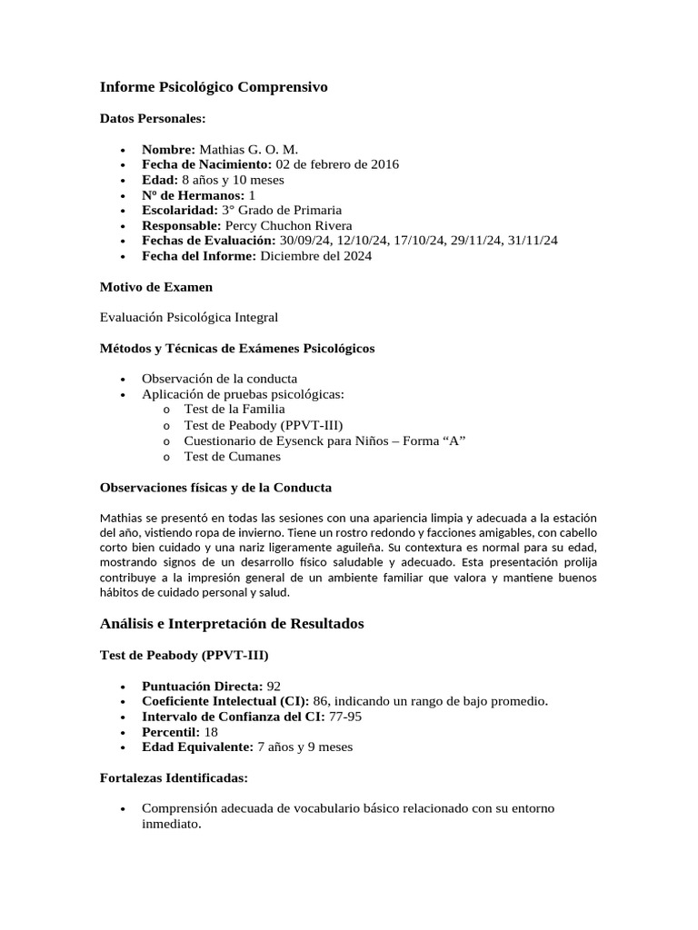 Informe Psicológico de Mathias G. O. M. | PDF | Las emociones | Aprendizaje