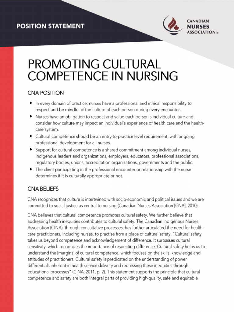 Position Statement Promoting Cultural Competence in Nursing | PDF