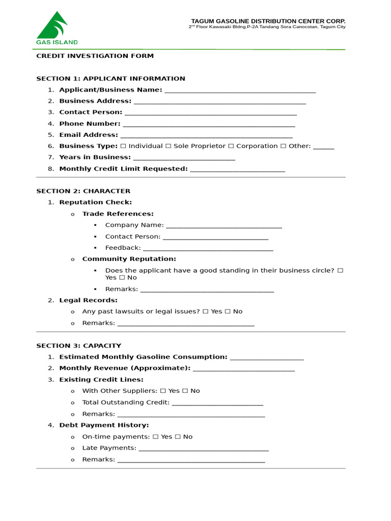Tagum Gasoline Credit Investigation Form | PDF | Business | Credit